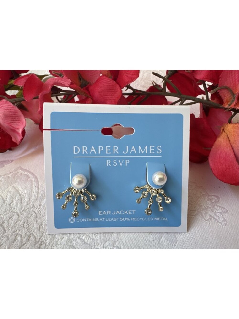 Draper James RSVP Small Dainty Pearl Rhinestones Stud Earrings Ear Jackets NEW
